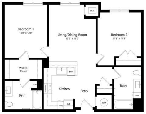 Floor plan for 2 beds, 2 baths, 915 sqft